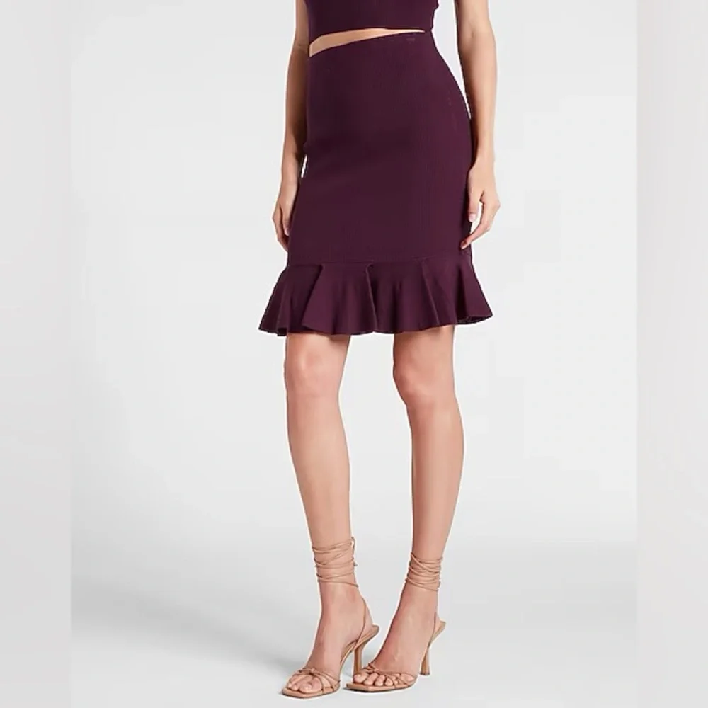 Express Body Contour Plum Ribbed Set of Crop One Shoulder Top and Ruffle Skirt